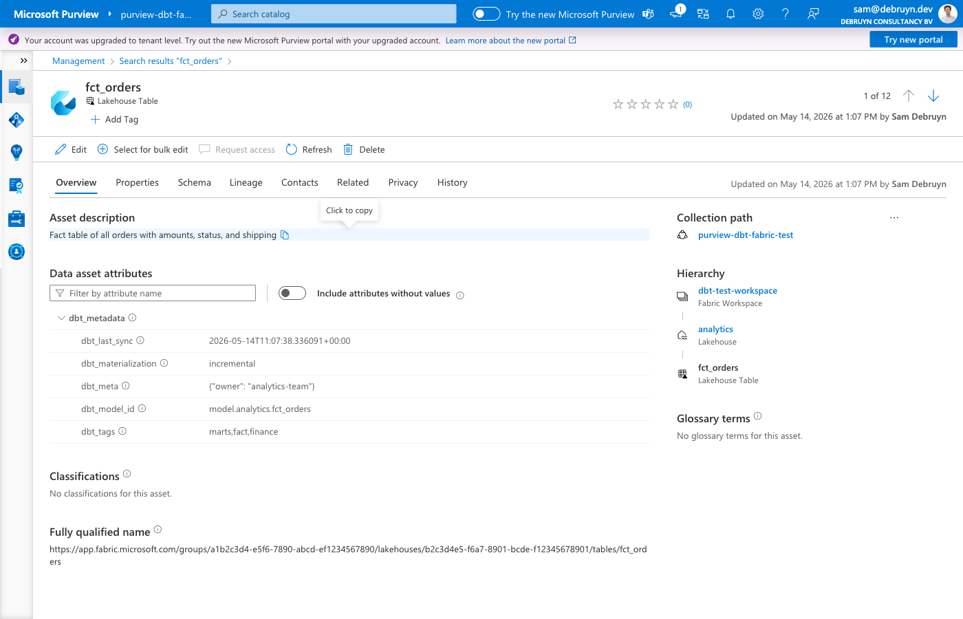 Description and business metadata synced from dbt to a Lakehouse table in Purview